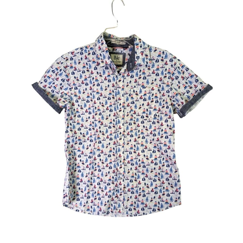 Rebel James Charli Mens size M Button Up Shirt Short Sleeve Sail Boat Print Blue